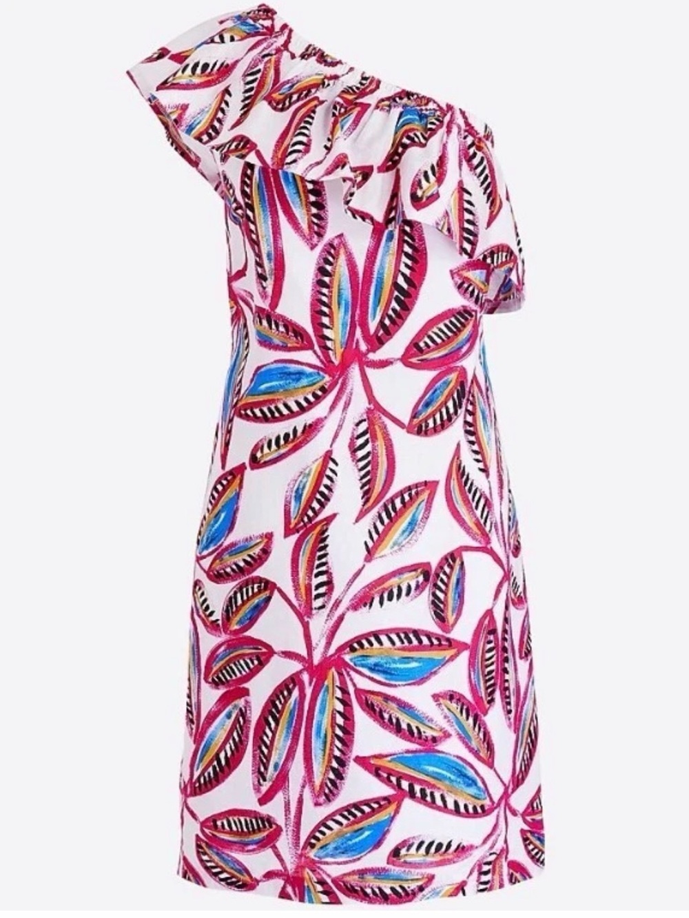 Women’s One-Shoulder Ruffle Linen Shift Dress in Pink Leaf Print NWT Small